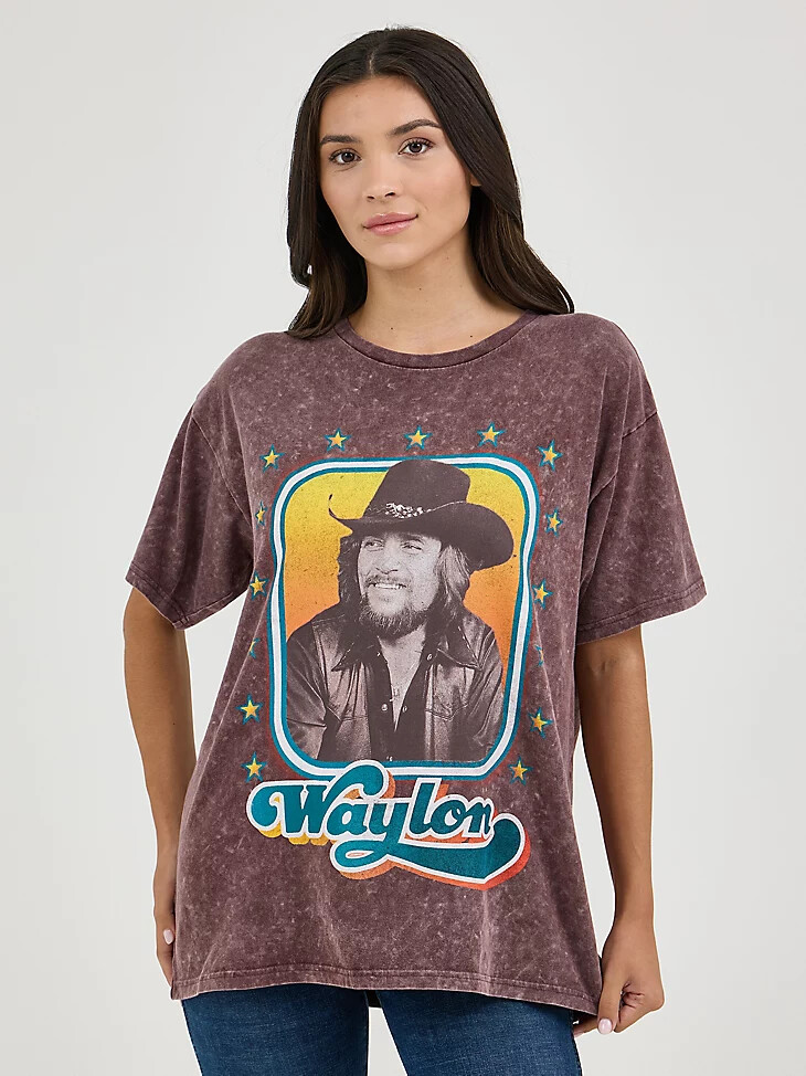 damen wrangler waylon jennings oversized band tee fudge comet wash