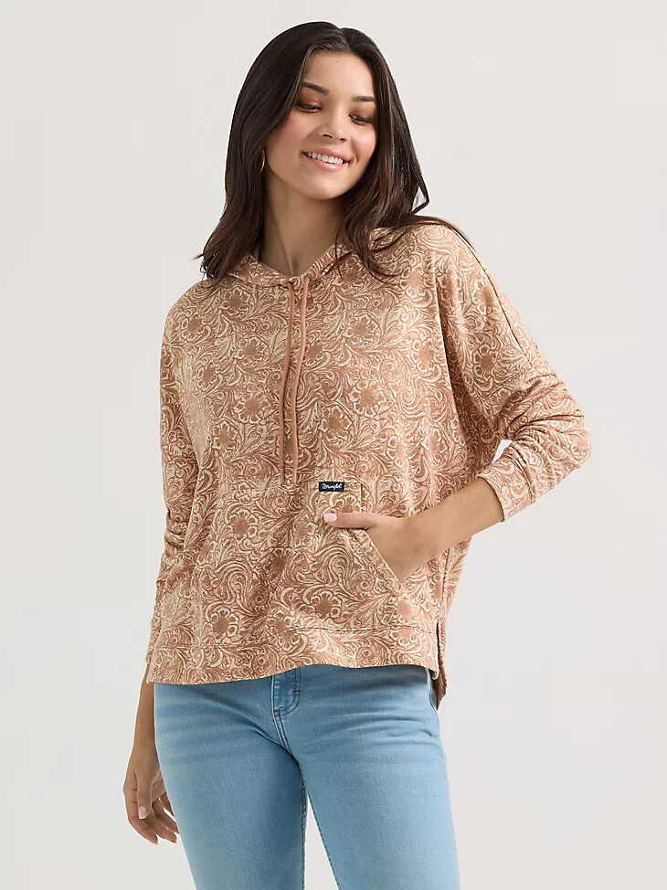 wrangler damen-kapuzenpullover mit geometrischem muster lockerer passform wellenmuster hellbraun