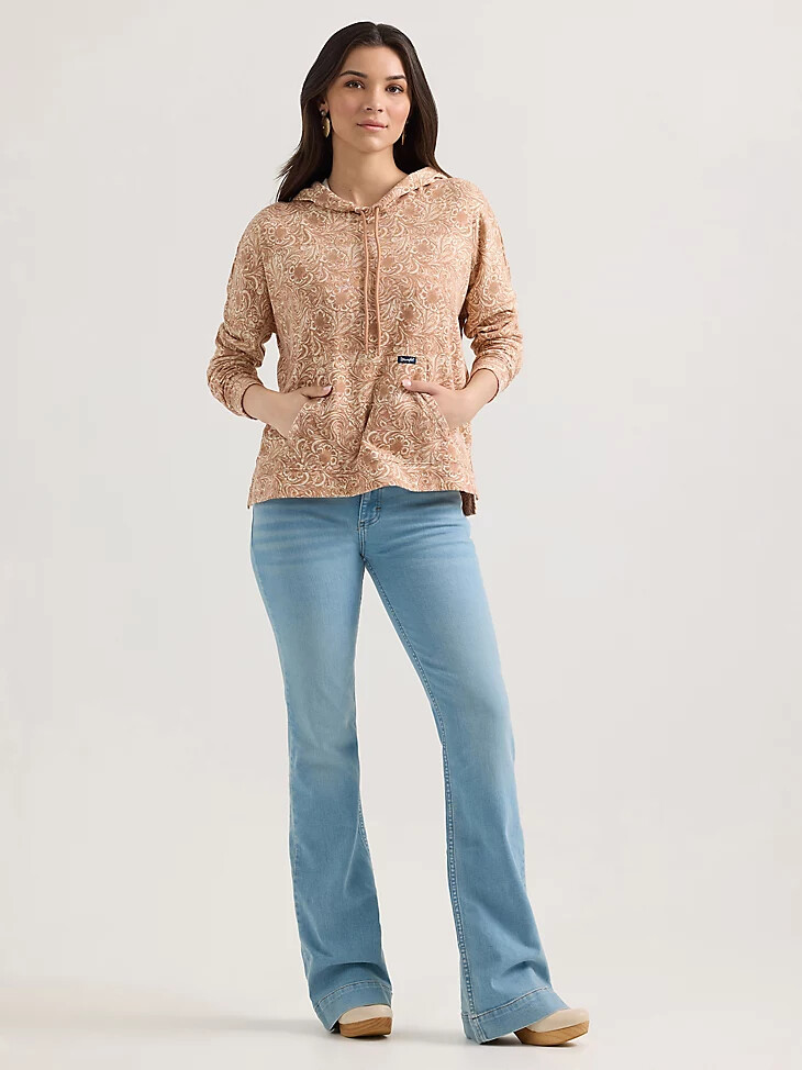 wrangler damen-kapuzenpullover mit geometrischem muster lockerer passform wellenmuster hellbraun