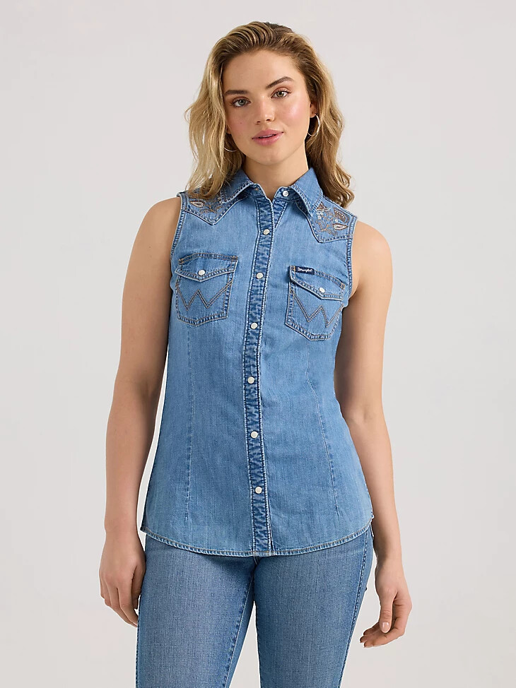 Ärmelloses verziertes jeanshemd von wrangler für damen mit druckknöpfen mittlere waschung