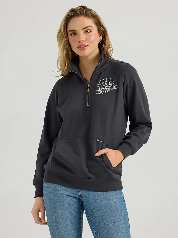 wrangler long live cowboys damen-pullover mit viertelreißverschluss schwarz