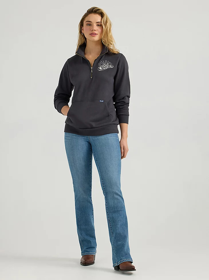 wrangler long live cowboys damen-pullover mit viertelreißverschluss schwarz