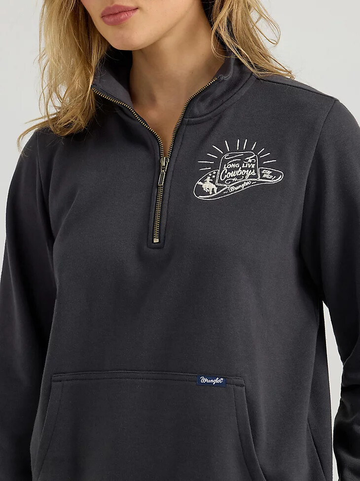 wrangler long live cowboys damen-pullover mit viertelreißverschluss schwarz