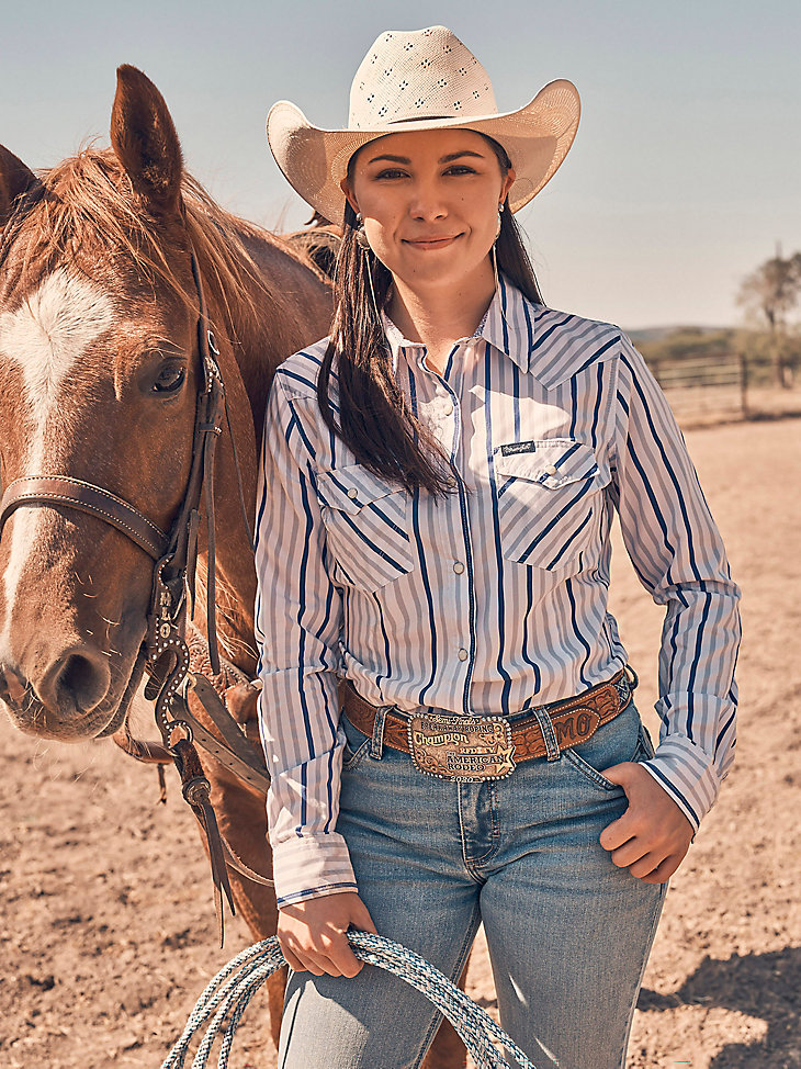 wrangler westernhemd für damen allzweck mit druckknöpfen blauer kontraststreifen