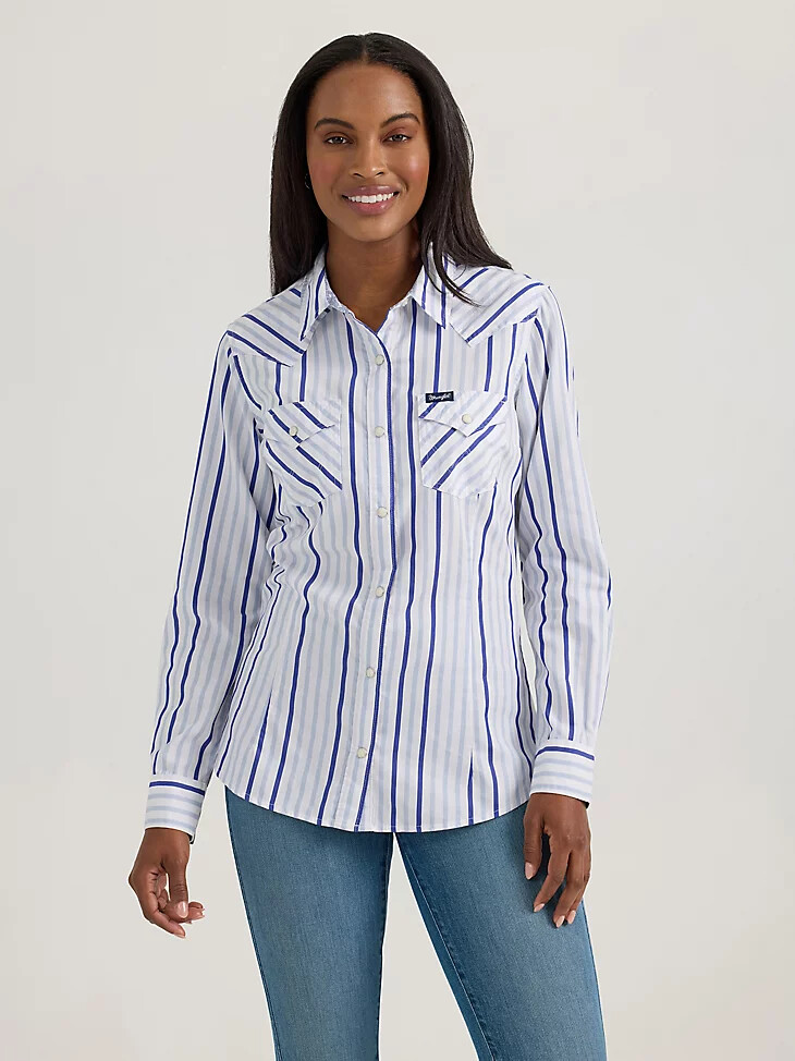 wrangler westernhemd für damen allzweck mit druckknöpfen blauer kontraststreifen