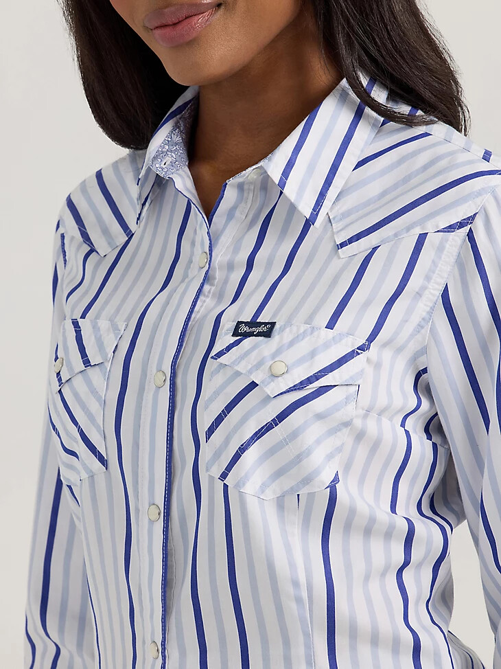 wrangler westernhemd für damen allzweck mit druckknöpfen blauer kontraststreifen