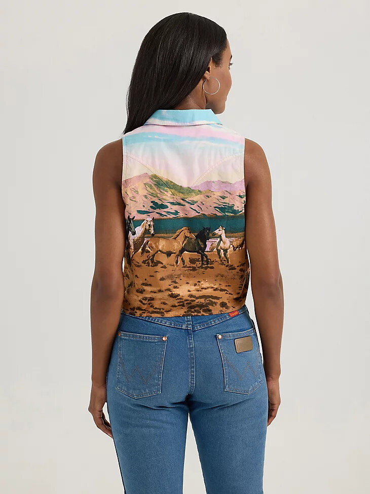 damenbluse mit auffälligem print und bindeband vorne mehrfarbig bergmotiv