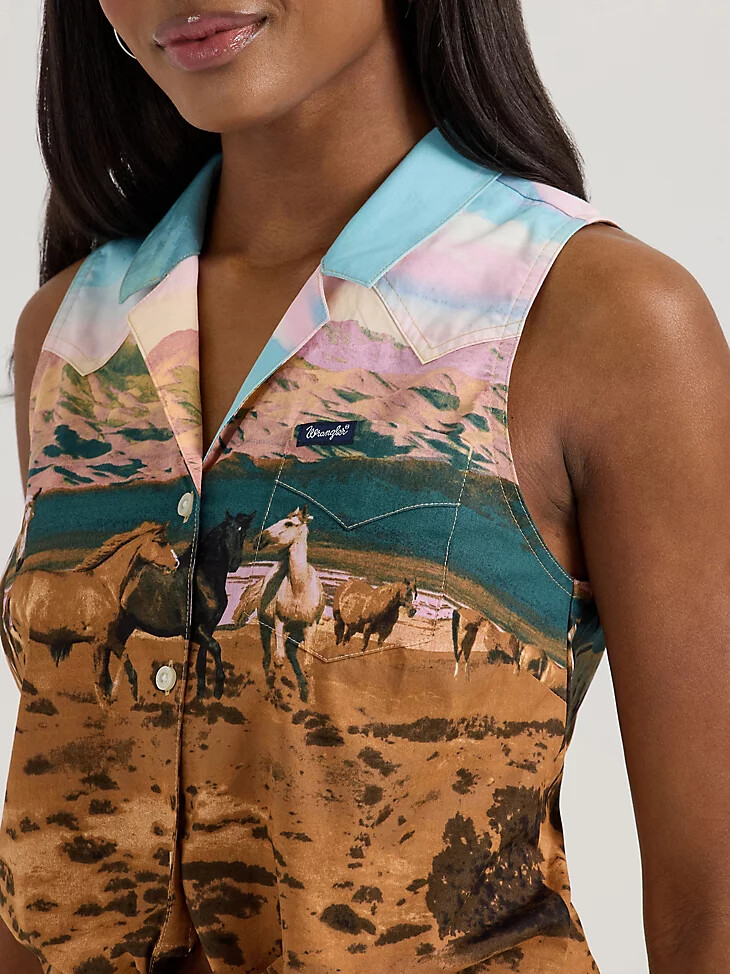 damenbluse mit auffälligem print und bindeband vorne mehrfarbig bergmotiv