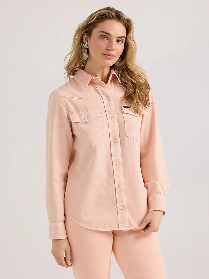 wrangler colorwash slim western-hemd mit druckknöpfen für damen rosa