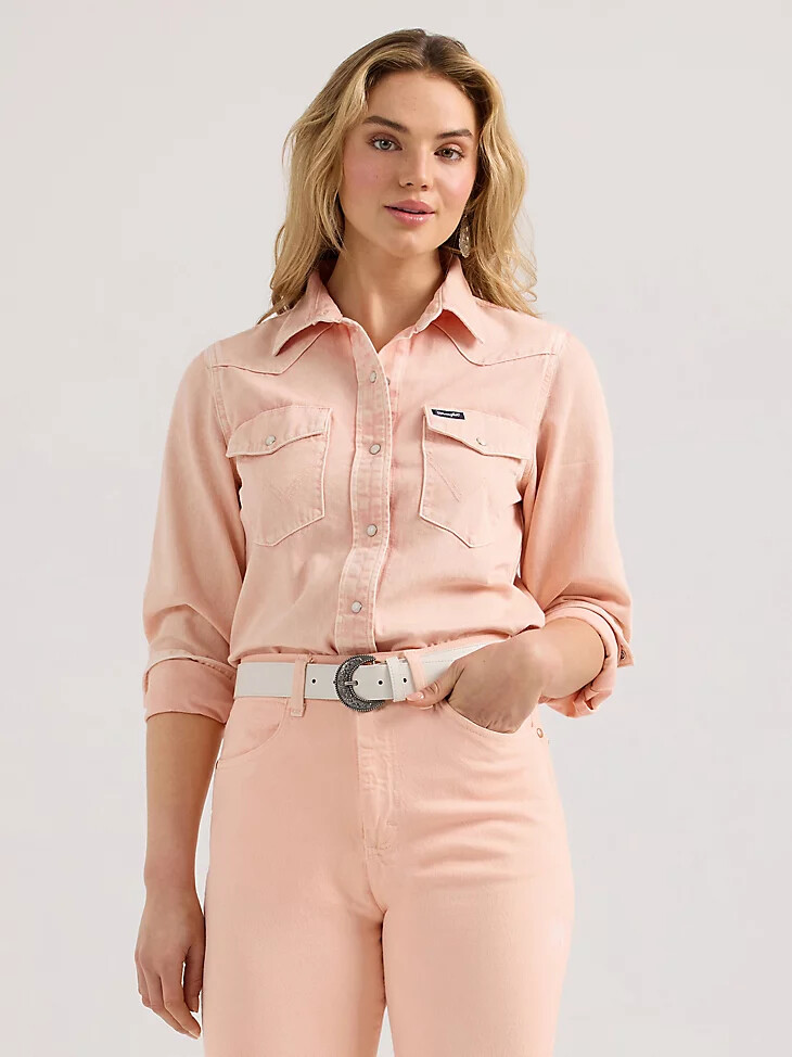 wrangler colorwash slim western-hemd mit druckknöpfen für damen rosa