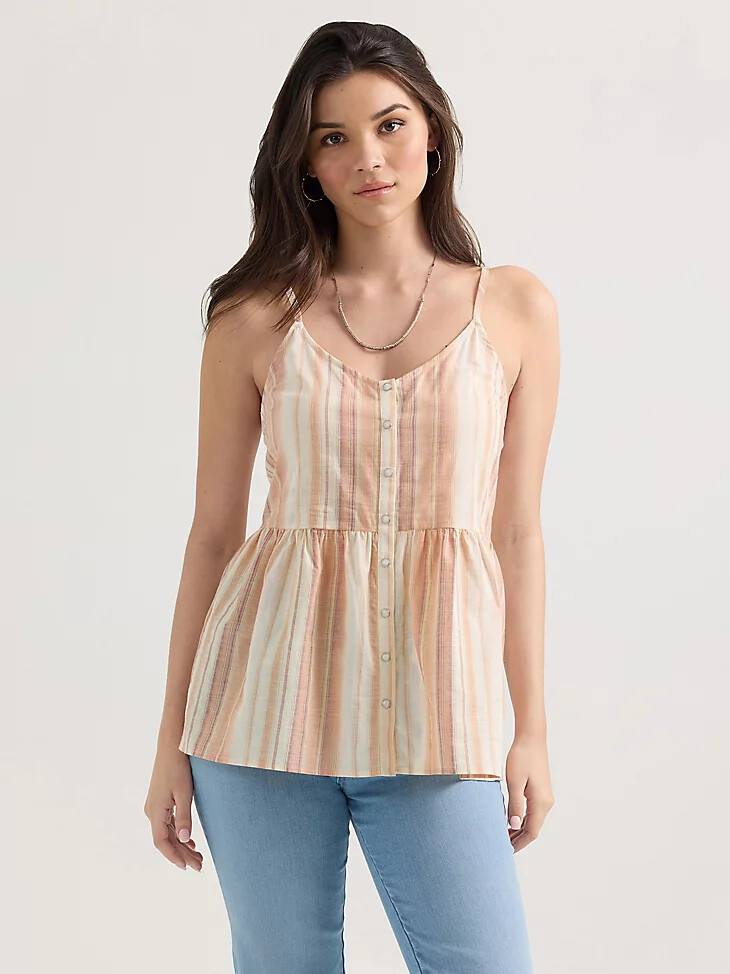 wrangler tanktop mit druckknopfverschluss vorne peplum-muster sandfarben gestreift