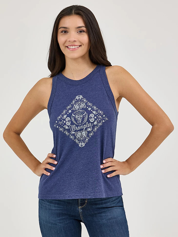 damen wrangler western graphic goddess tanktop marineblau diamant