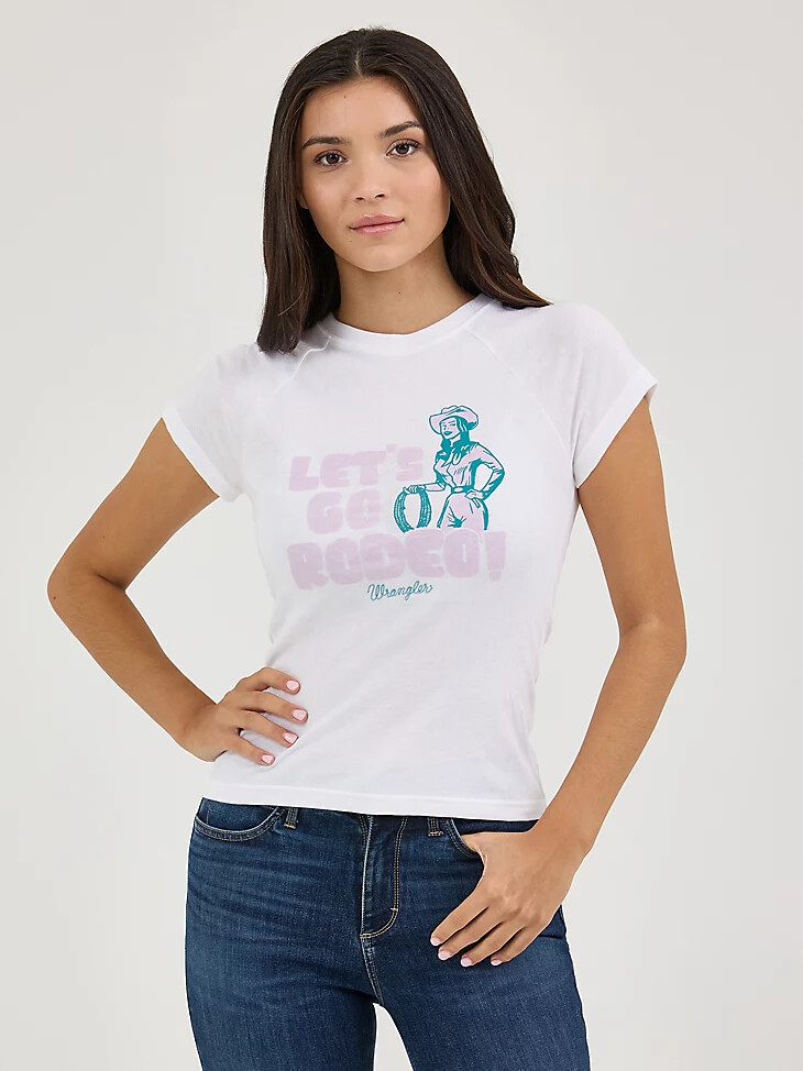 wrangler shrunken western raglan-t-shirt für damen lets go rodeoweiß