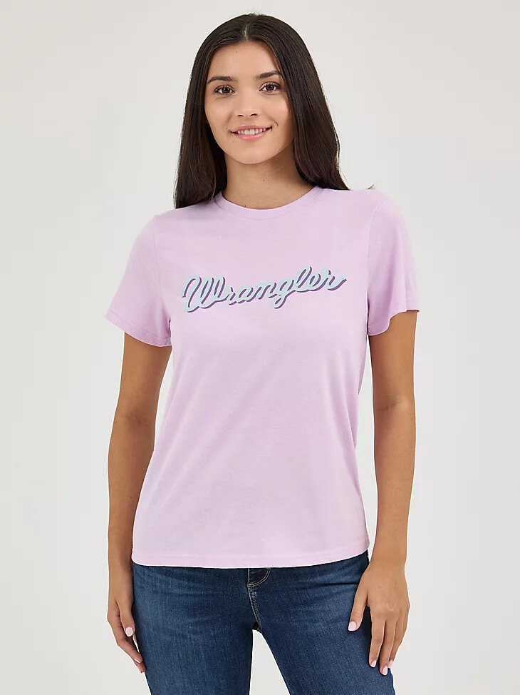 wrangler kabel logo damen-t-shirt mit leuchtendem normal geschnittenem orchideenstrauß