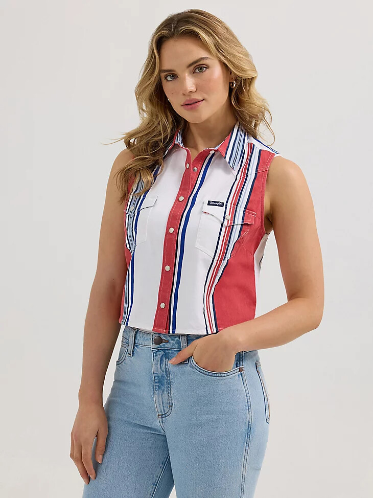 wrangler brushpopper stripe slim crop snap tanktop für damen rotweißblau