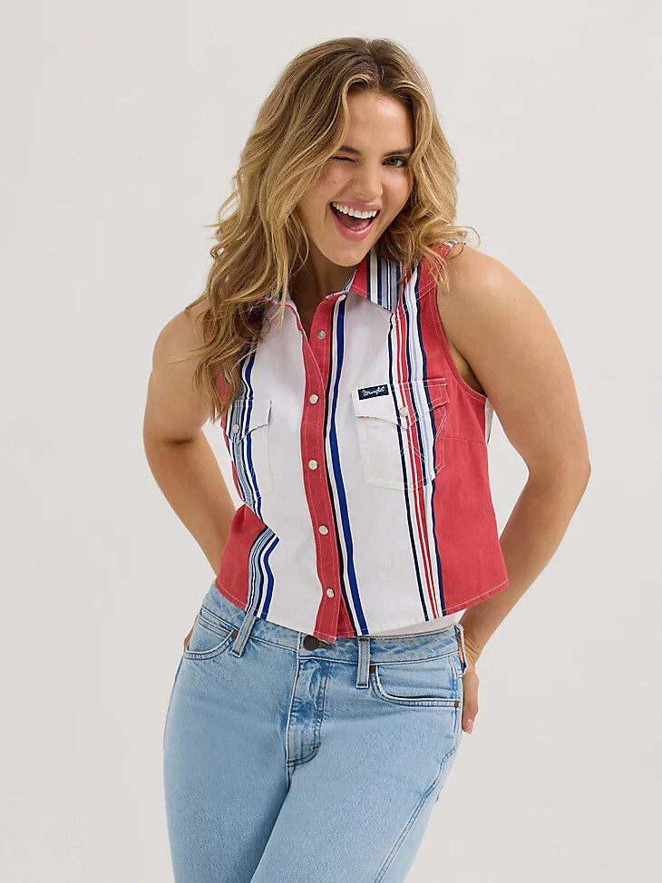 wrangler brushpopper stripe slim crop snap tanktop für damen rotweißblau