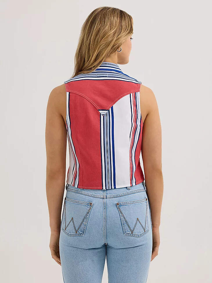 wrangler brushpopper stripe slim crop snap tanktop für damen rotweißblau