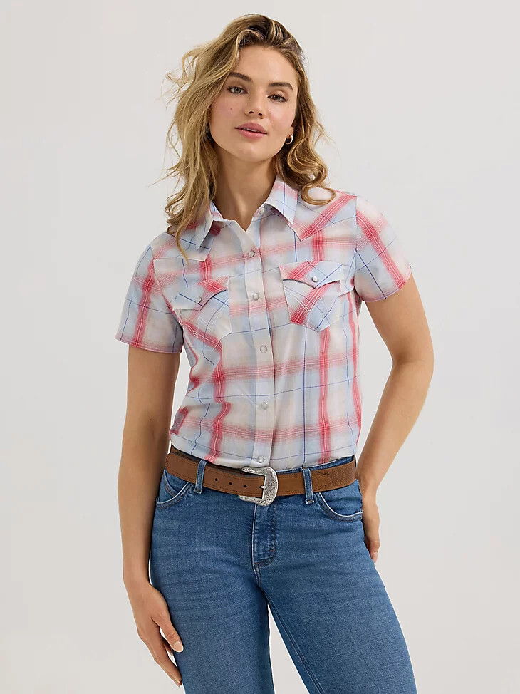 damen essential kurzarm-karo-western-top mit druckknöpfen in pastellfarben für den sommer