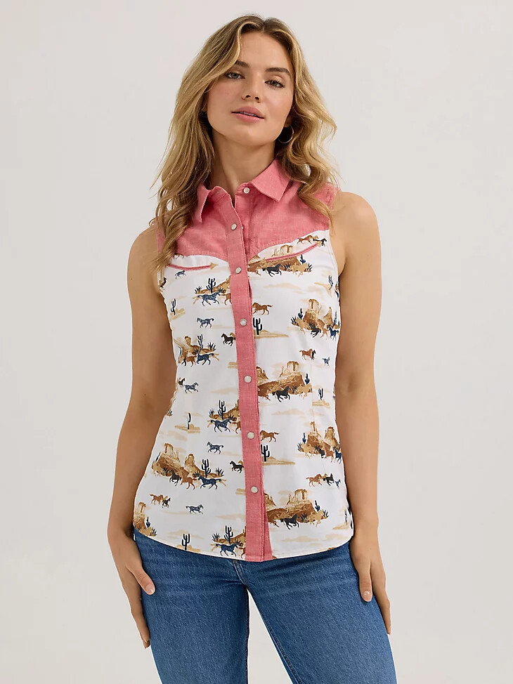 damen wrangler desert slim western snap tank red desert