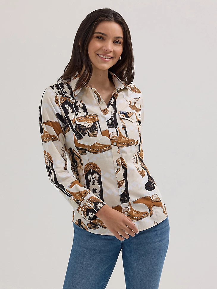 damen-sattelhemd „saddle up slim western snap shirt mit stiefelprint