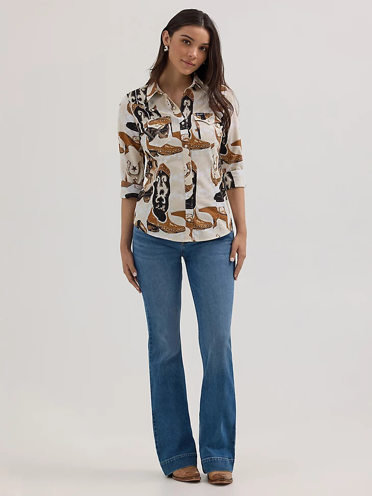 damen-sattelhemd „saddle up slim western snap shirt mit stiefelprint