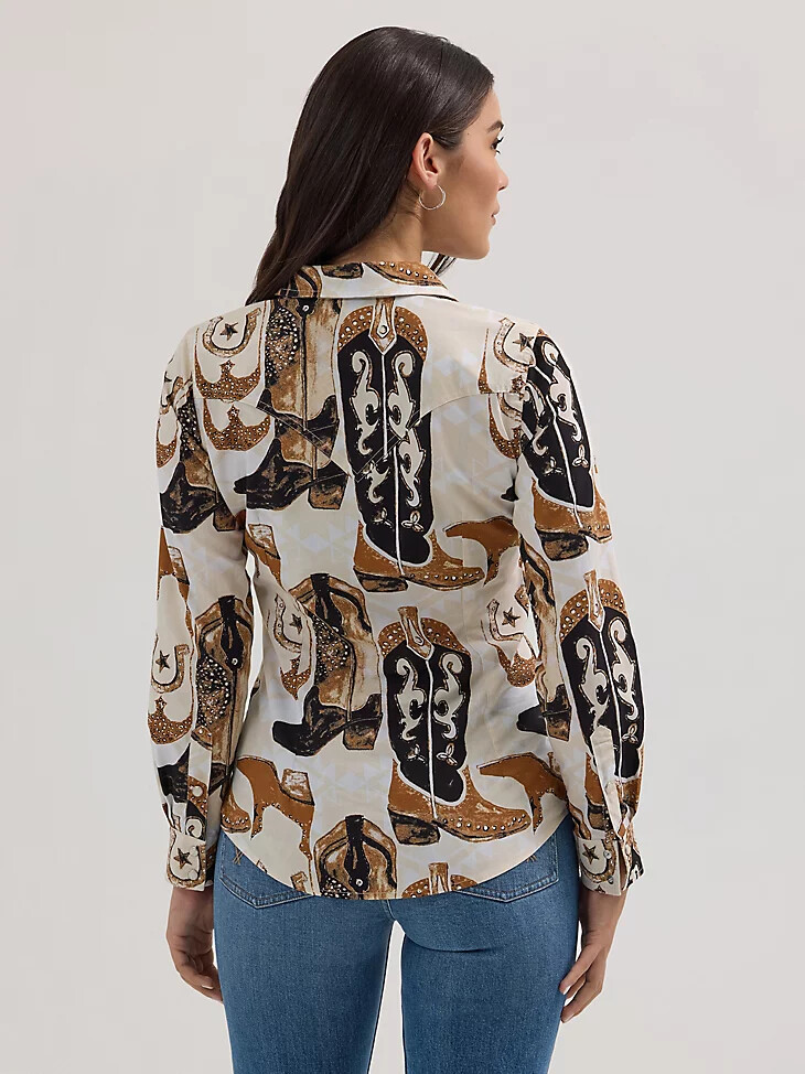 damen-sattelhemd „saddle up slim western snap shirt mit stiefelprint