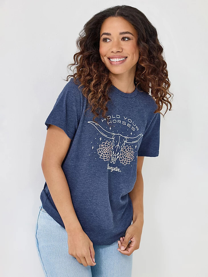 damen t-shirt kleid mit rinderschädel- und blumenmuster blau