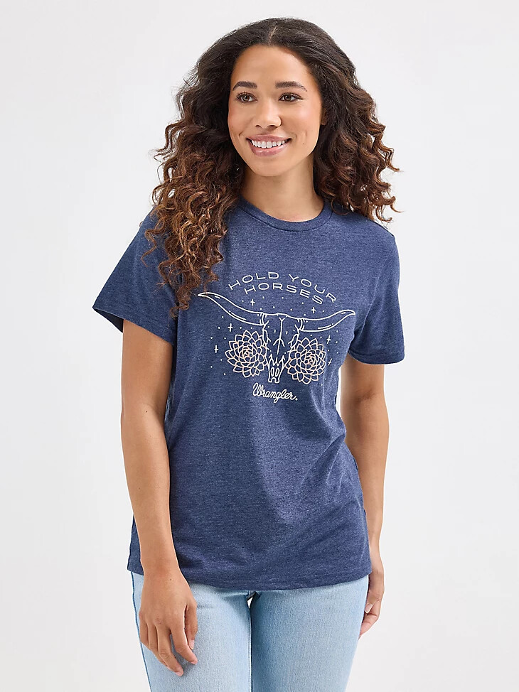 damen t-shirt kleid mit rinderschädel- und blumenmuster blau