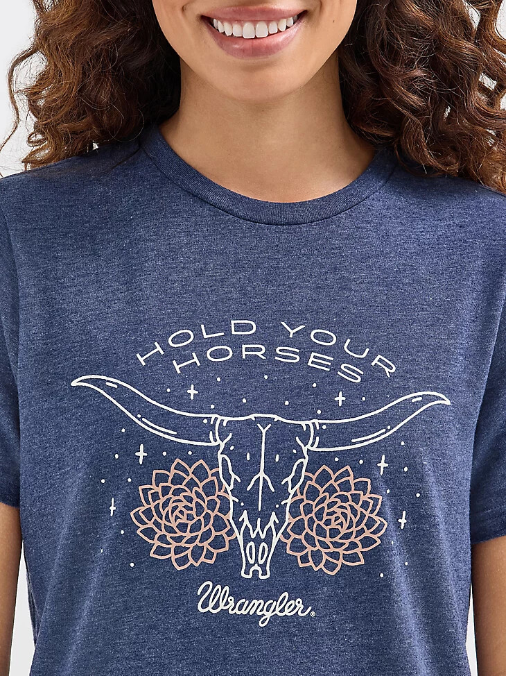damen t-shirt kleid mit rinderschädel- und blumenmuster blau