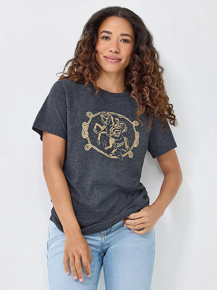 damen-t-shirt mit seil-cowboy-grafik jet black
