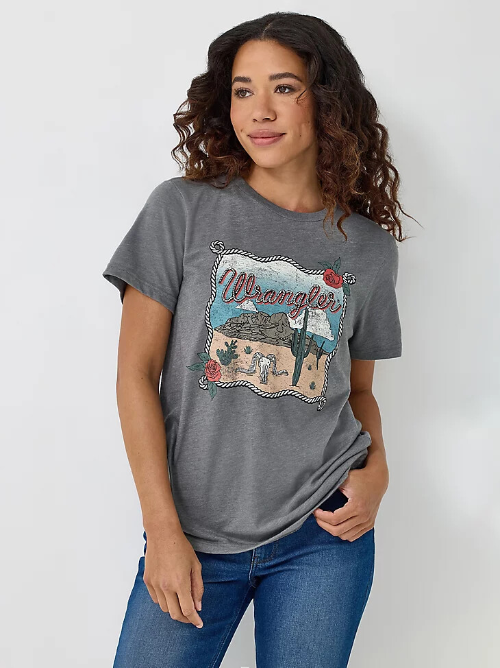 damen-t-shirt mit seil-wüsten-grafik asphalt
