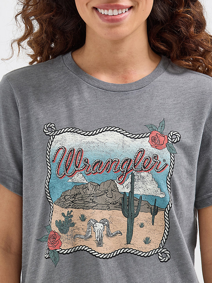 damen-t-shirt mit seil-wüsten-grafik asphalt