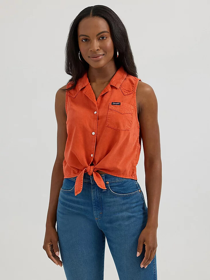 Ärmelloses damen-camp-shirt mit bindeband vorne rötlich-orange