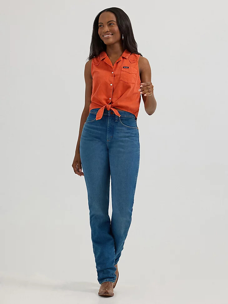 Ärmelloses damen-camp-shirt mit bindeband vorne rötlich-orange