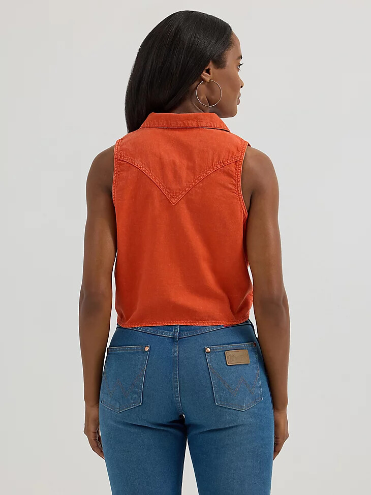 Ärmelloses damen-camp-shirt mit bindeband vorne rötlich-orange