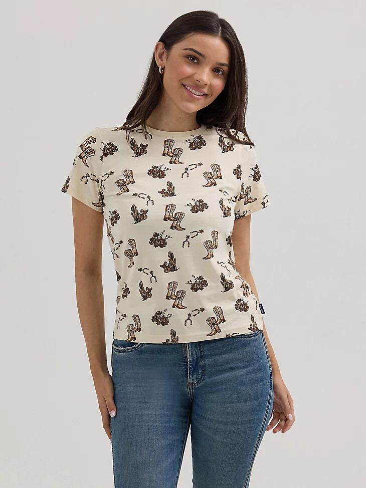 damen wrangler jacquard allover print slim t-shirt creme stiefel
