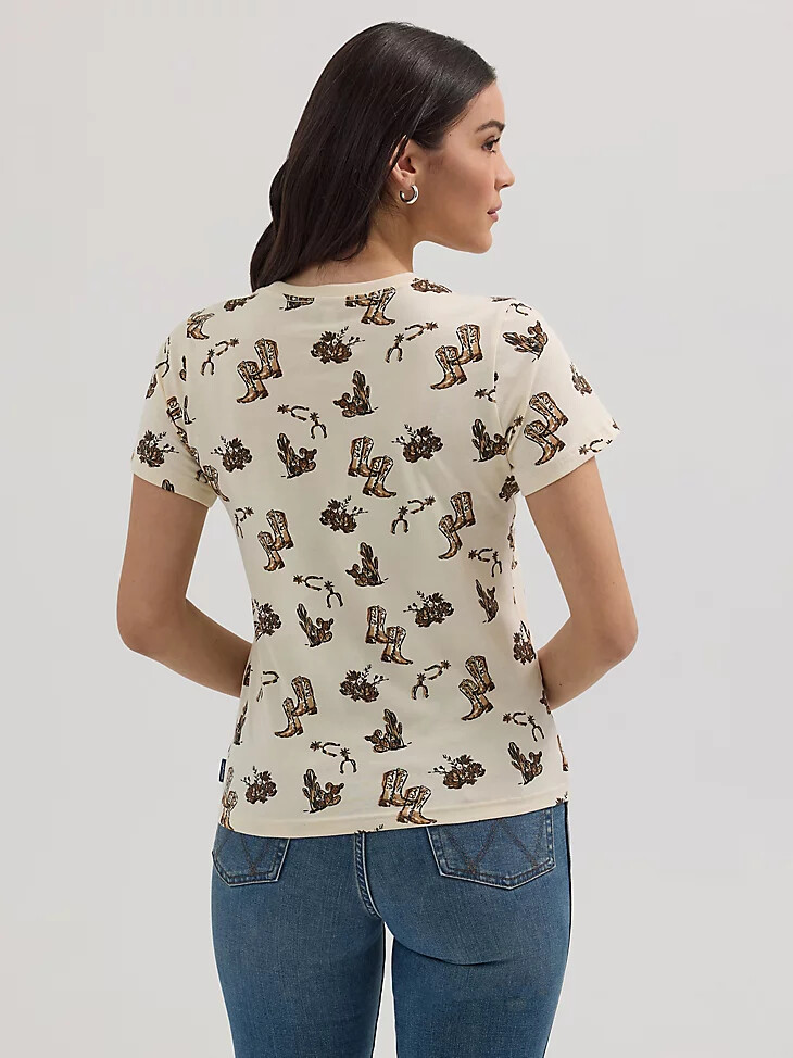 damen wrangler jacquard allover print slim t-shirt creme stiefel