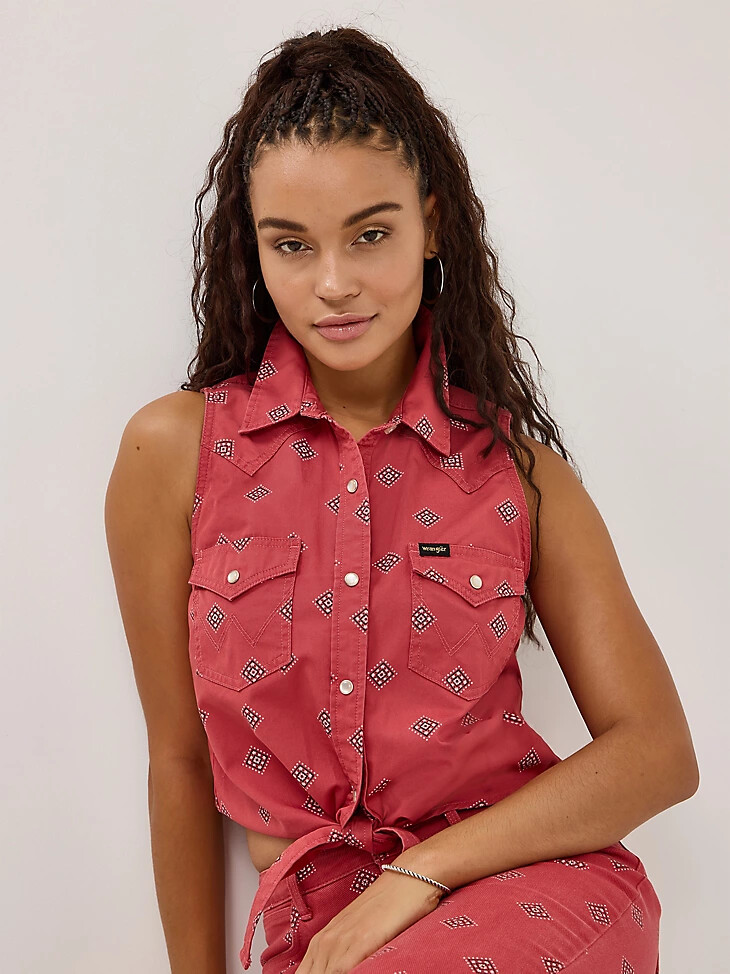 damenbluse mit bindeband vorne und print diamond bay