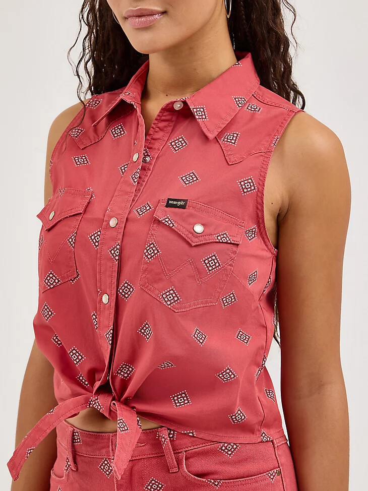 damenbluse mit bindeband vorne und print diamond bay