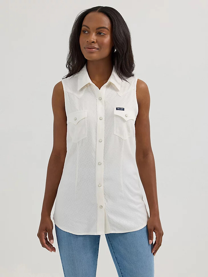 wrangler retro tanktop für damen weiß mit strukturmuster schmal geschnitten western-stil druckknöpfe