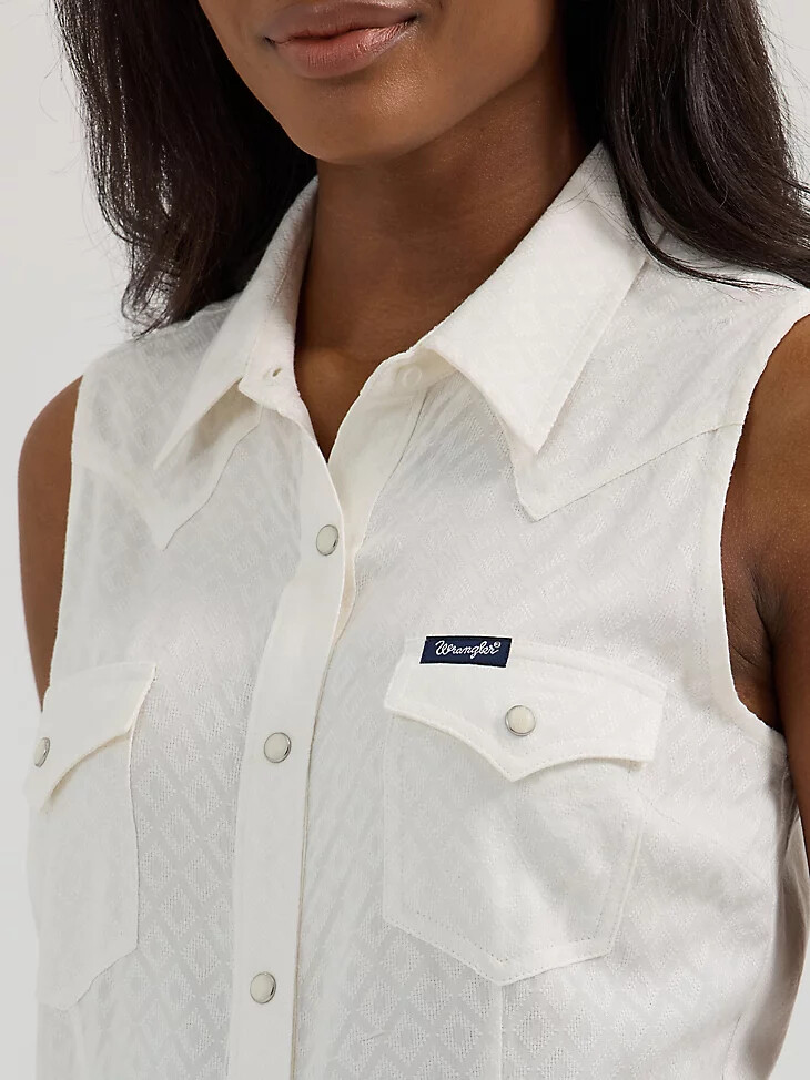 wrangler retro tanktop für damen weiß mit strukturmuster schmal geschnitten western-stil druckknöpfe