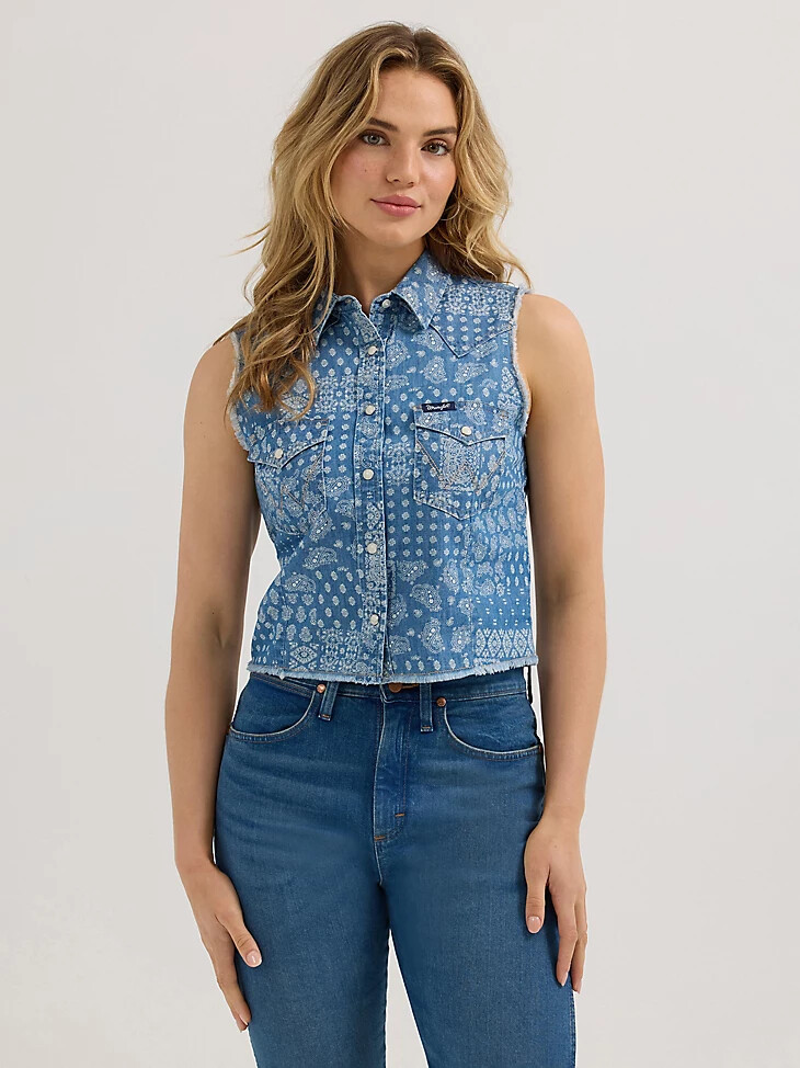 damen wrangler print denim crop western snap tank bandana blau