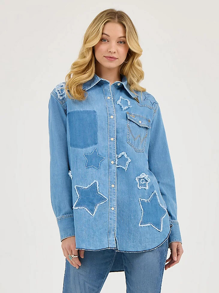 wrangler x lainey wilson starry western-snap-shirt true blue wash