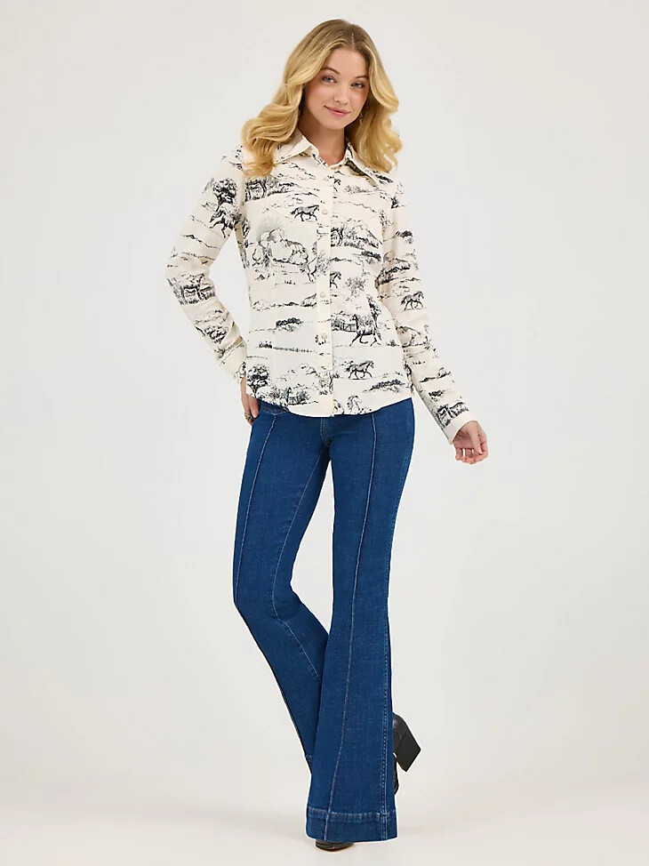 wrangler x lainey wilson country toile western-hemd mit druckknöpfen landschaftsdruck