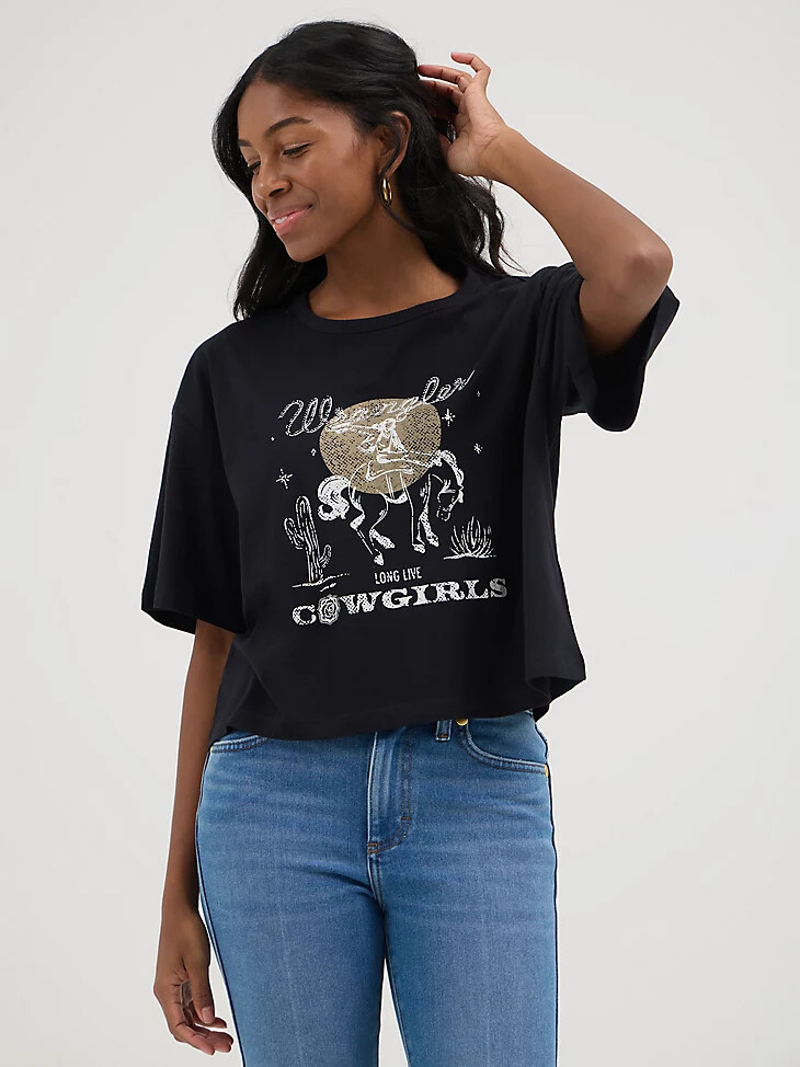 wrangler x yellow rose by kendra scott boxy crop tee schwarz