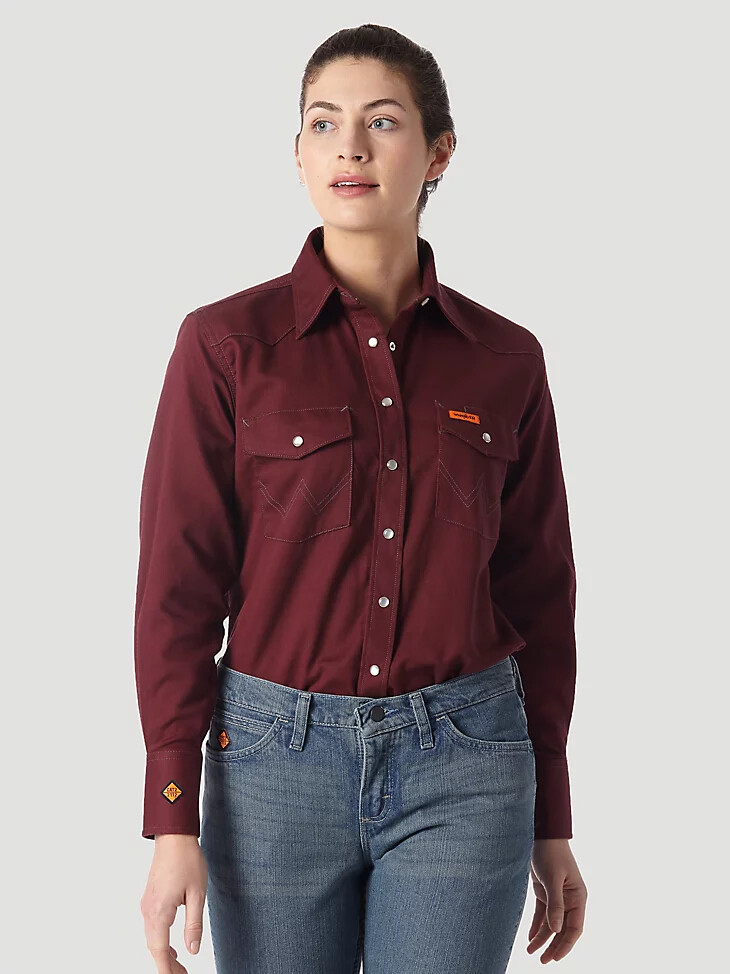 wrangler fr flammenhemmendes langarm-arbeitshemd für damen einfarbig bordeauxrot