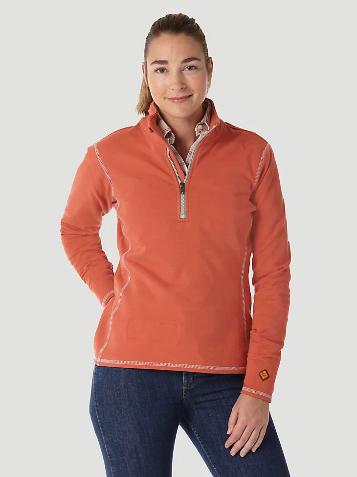 wrangler fr damen-pullover mit flammhemmender wirkung langen Ärmeln und viertelreißverschluss hot sauce