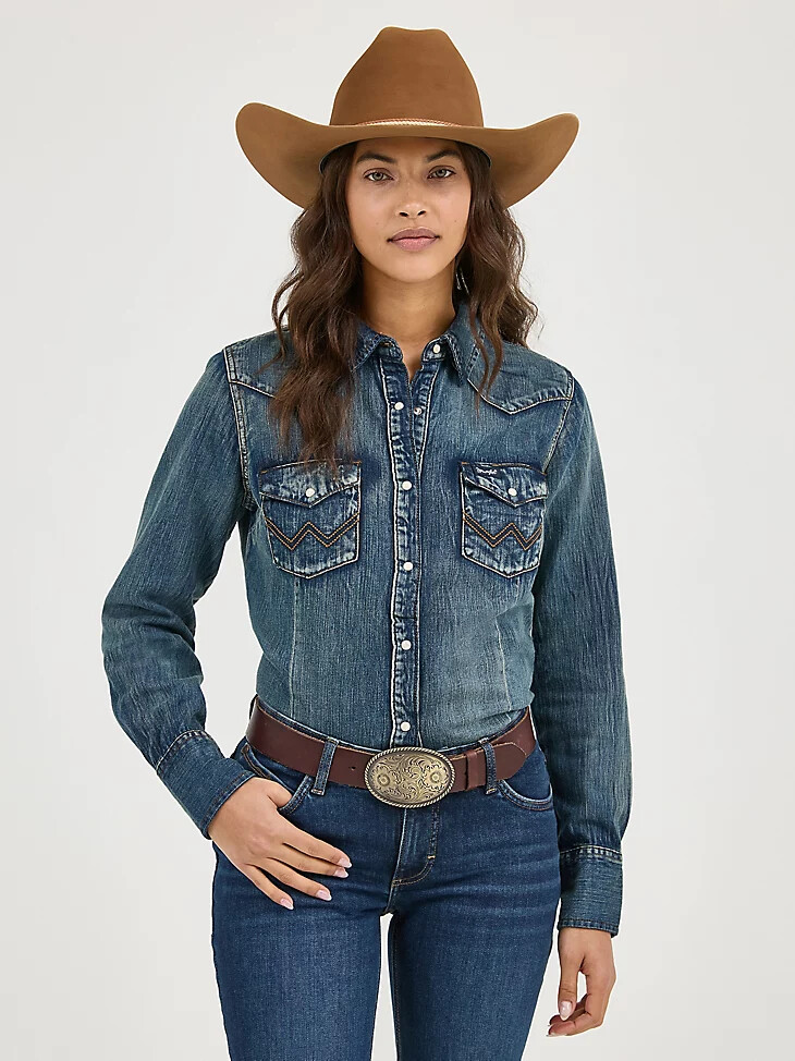 damen langarm-jeansoberteil im western-stil mit druckknöpfen