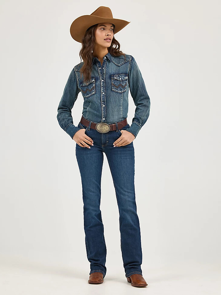 damen langarm-jeansoberteil im western-stil mit druckknöpfen