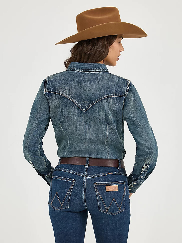 damen langarm-jeansoberteil im western-stil mit druckknöpfen